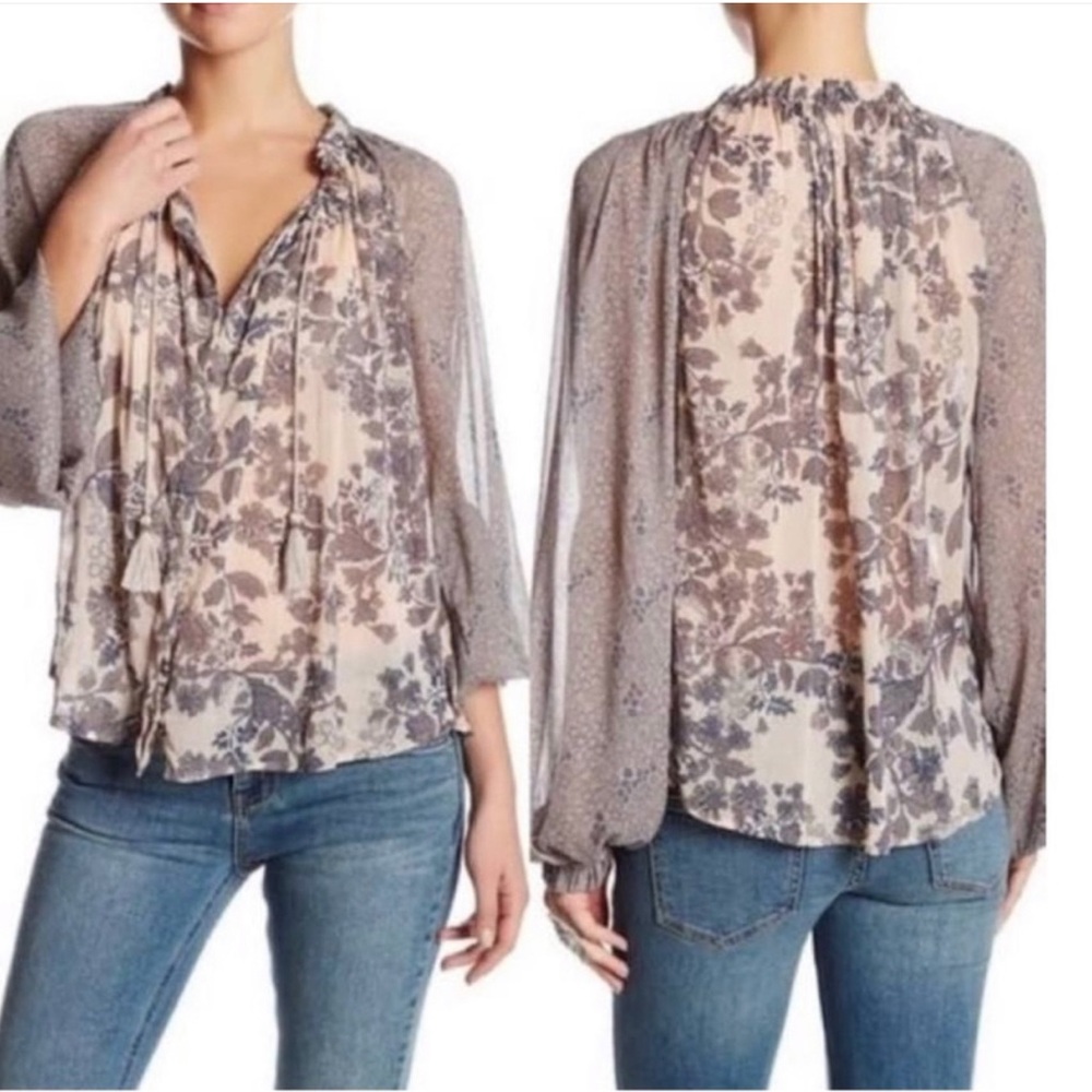 Free People Floral Blouse in Gray and Cream